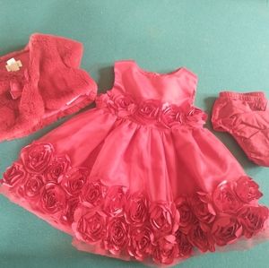 Baby holiday dress, red, fur cardigan,diaper cover